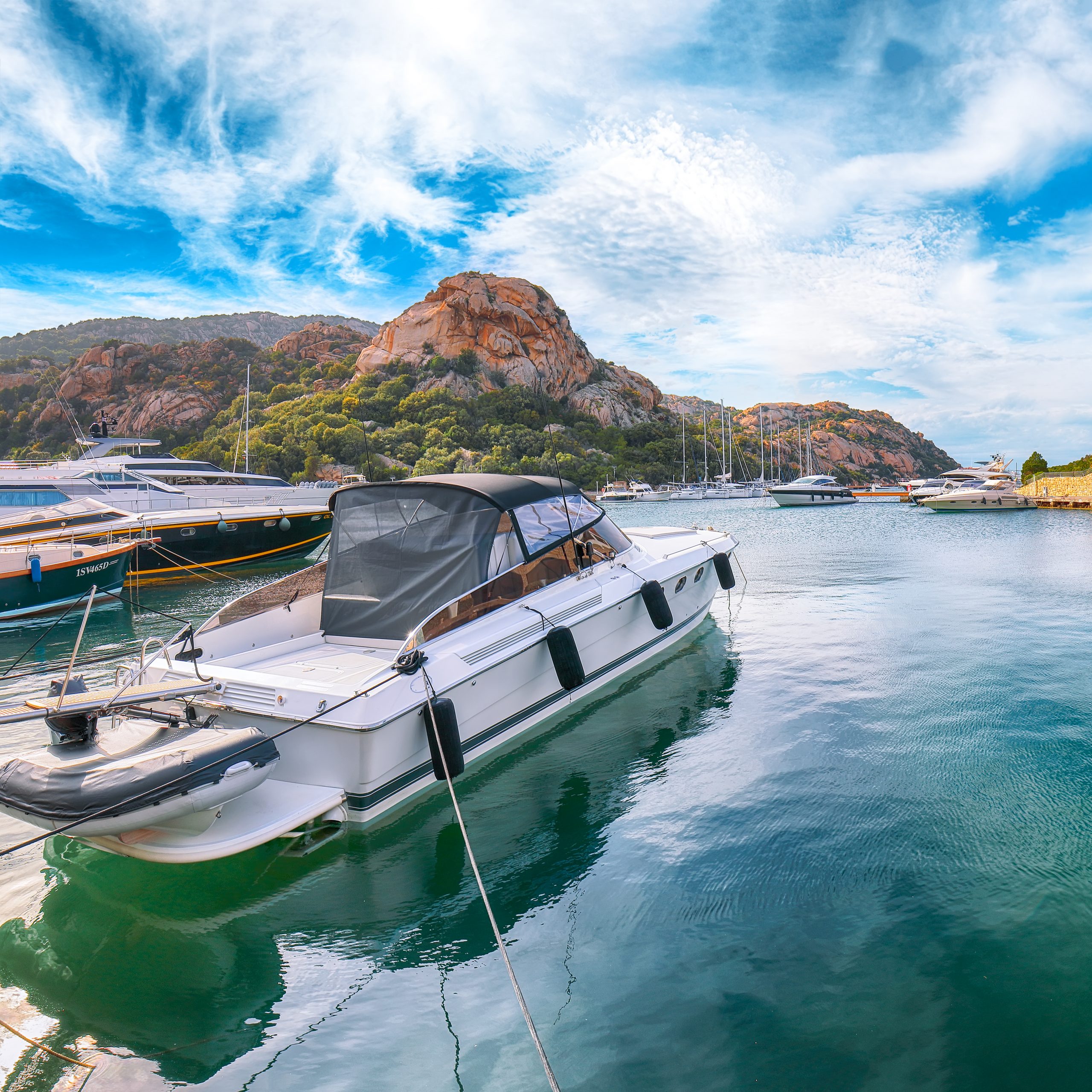 Gorgeous view of Poltu Quatu port and bay with luxury yachts on Costa Smeralda. Popular travel destination of Mediterranean sea. Location: Poltu Quatu, Province of Sassari, Sardinia, Italy, Europe